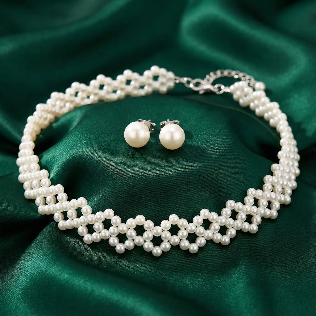 Pearl Choker Necklace Set with Studs