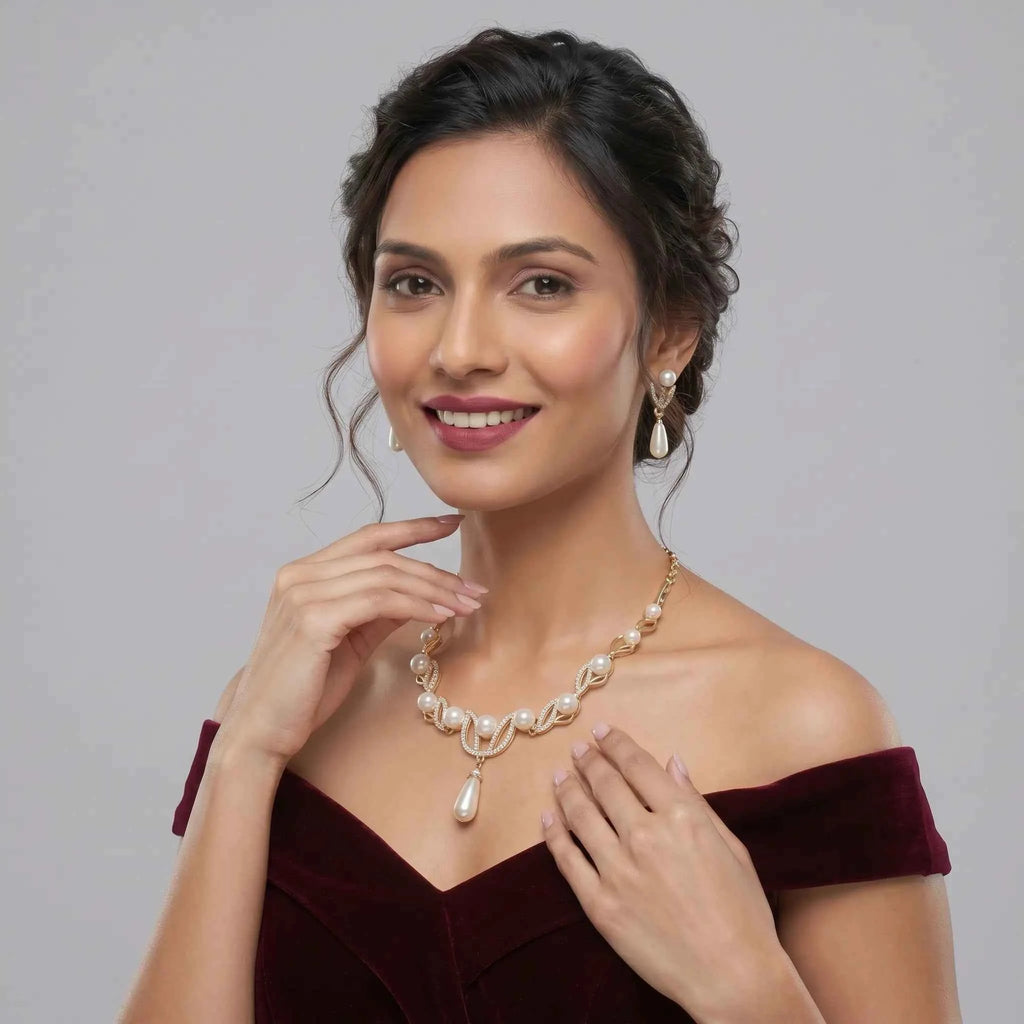 Pearl Leaf Drop Necklace Set