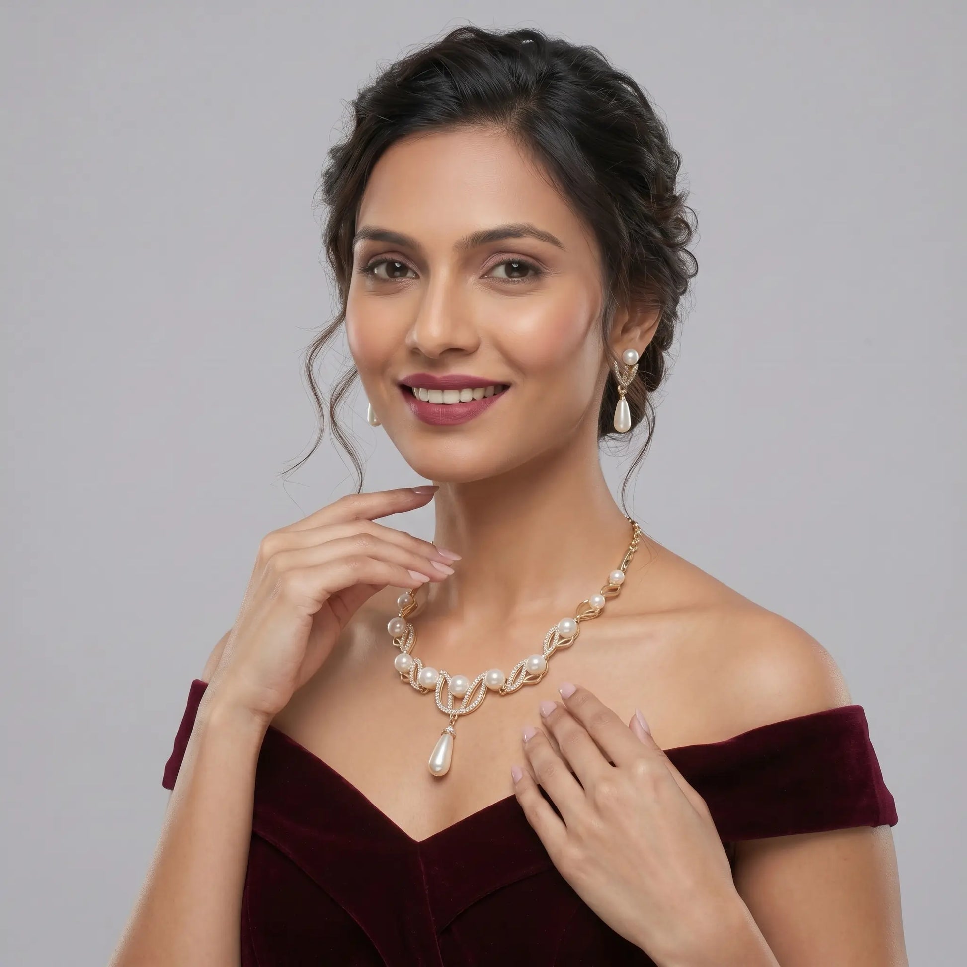 Pearl Leaf Drop Necklace Set