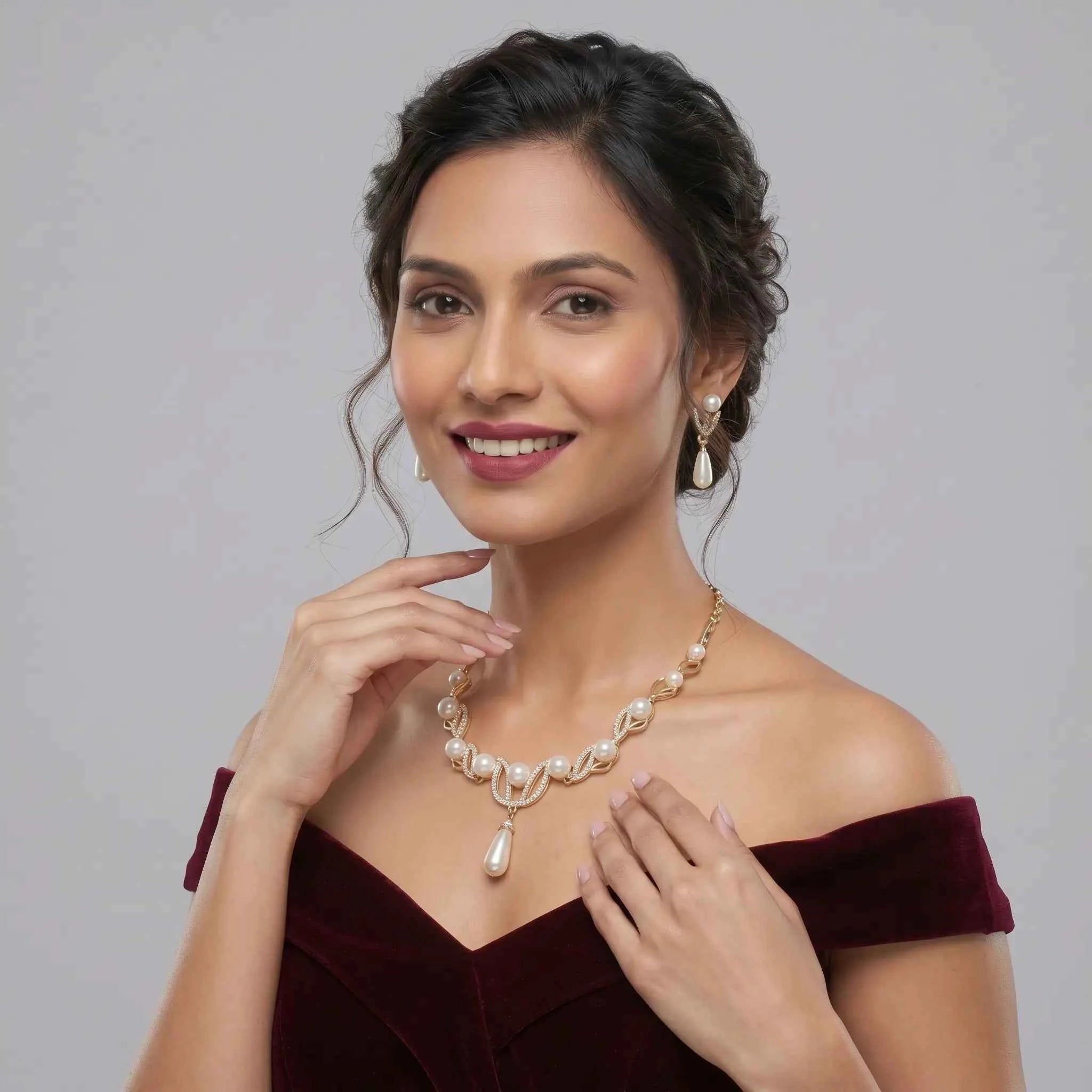 Pearl Leaf Drop Necklace Set