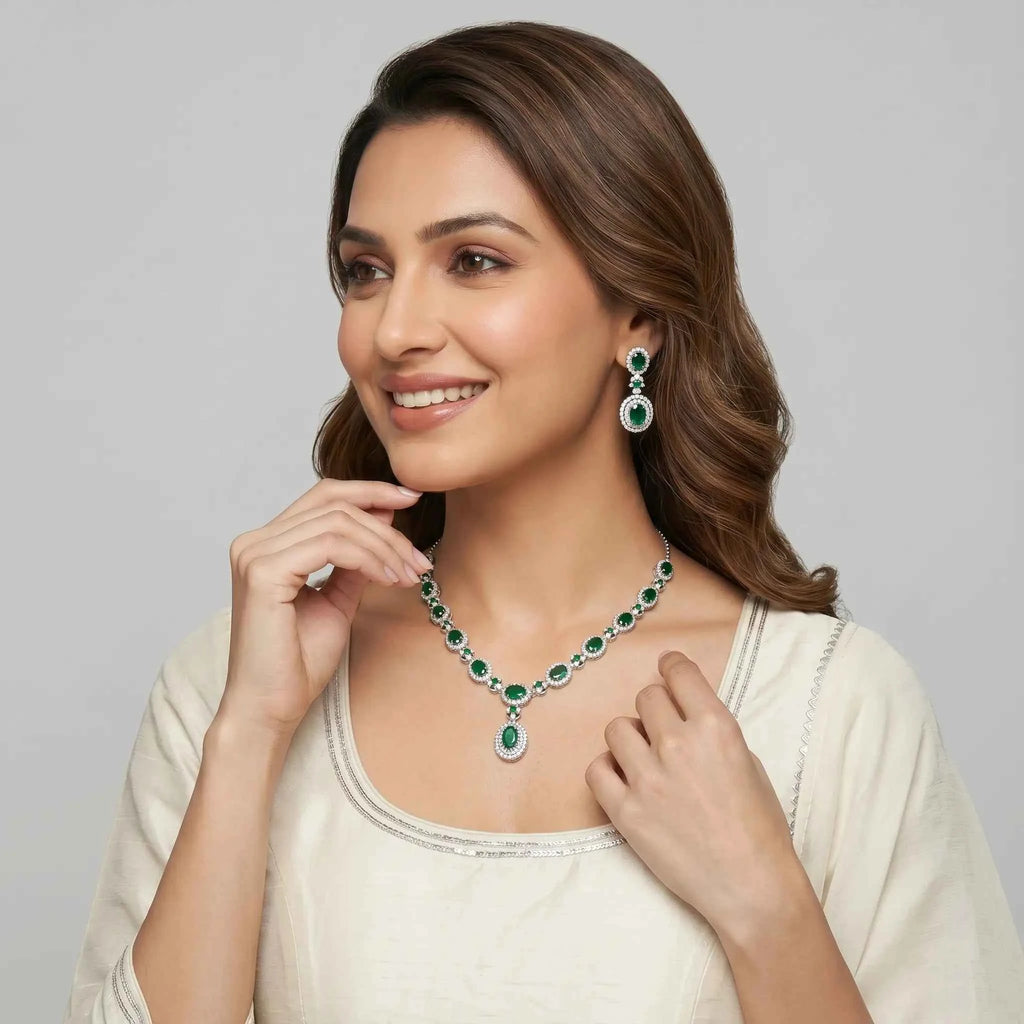 Emerald Halo Necklace Set