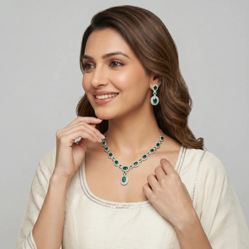 Emerald Halo Necklace Set