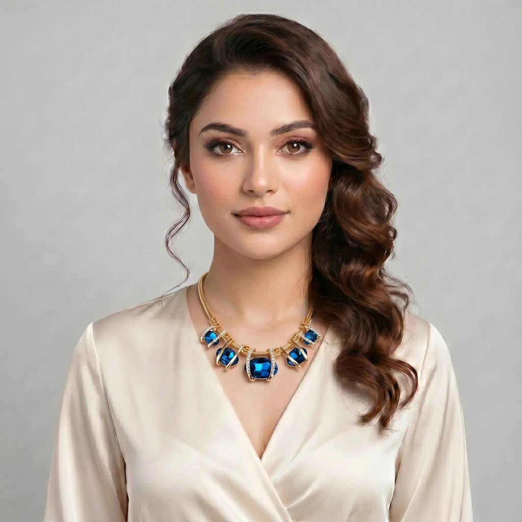Blue statement necklace with deep blue stones and crystal accents