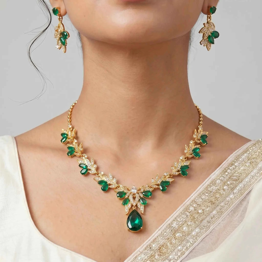 Emerald Leaf Drop Necklace Set