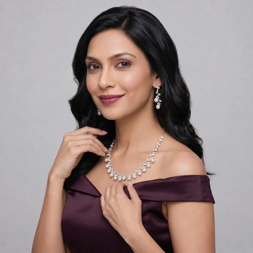 Pearl Necklace Set with Crystal Wave Design