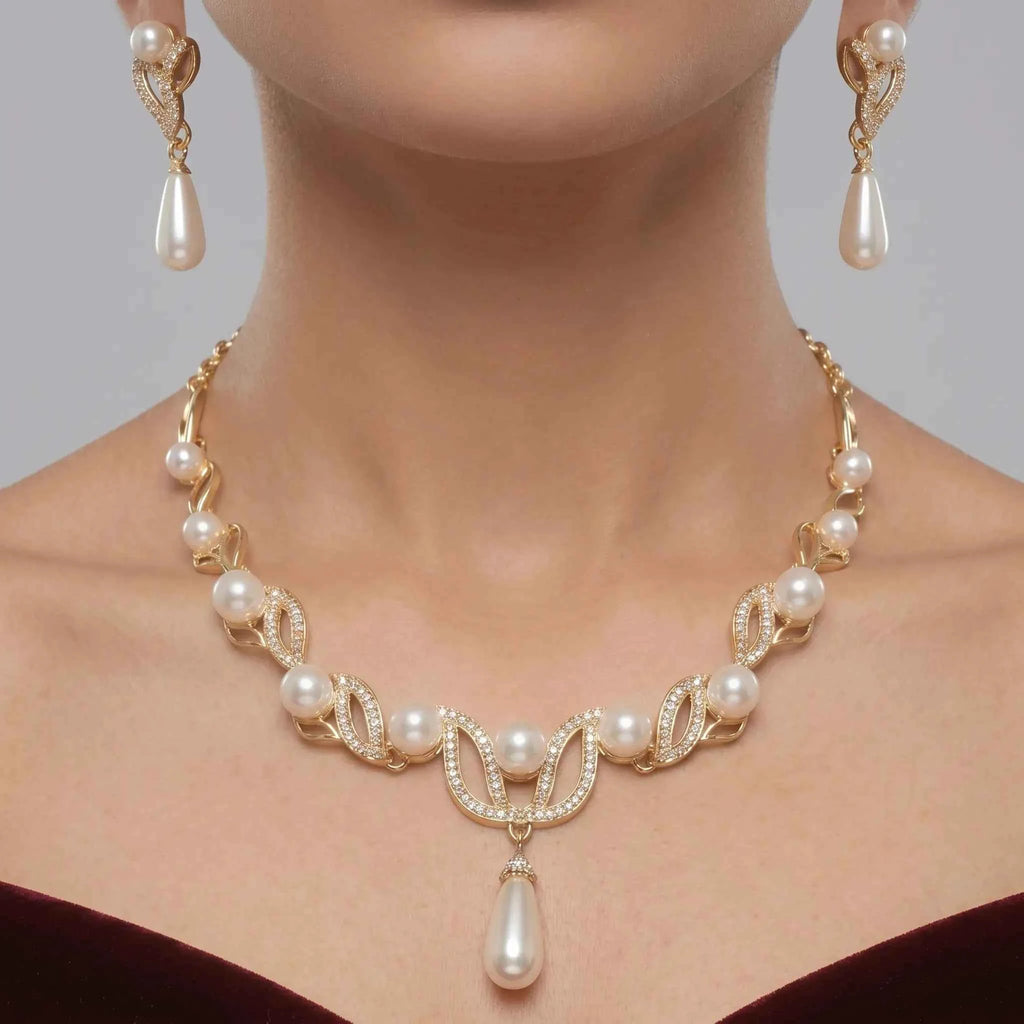 Pearl Leaf Drop Necklace Set