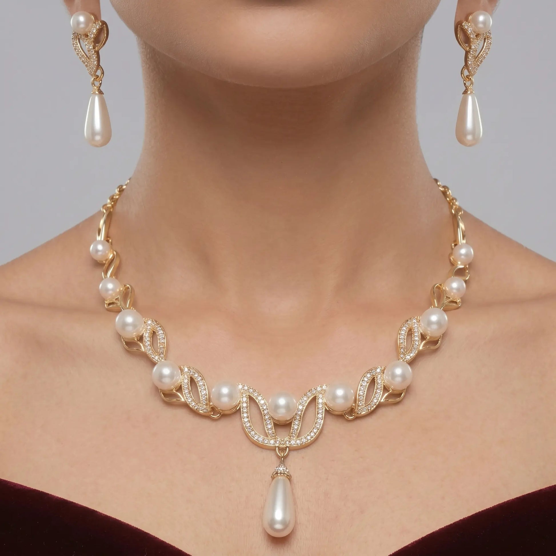 Pearl Leaf Drop Necklace Set