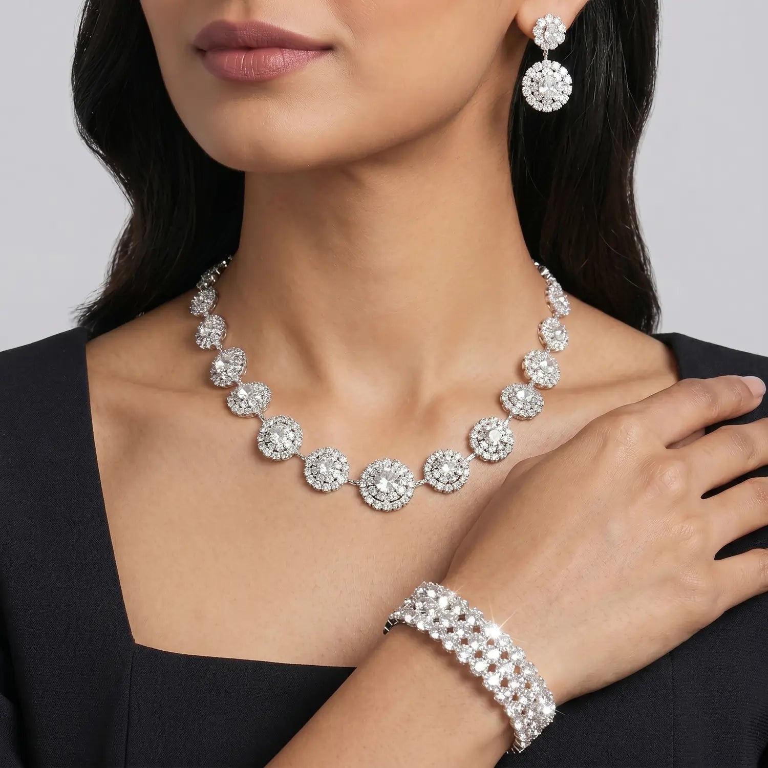Silver Crystal Halo Jewellery Set