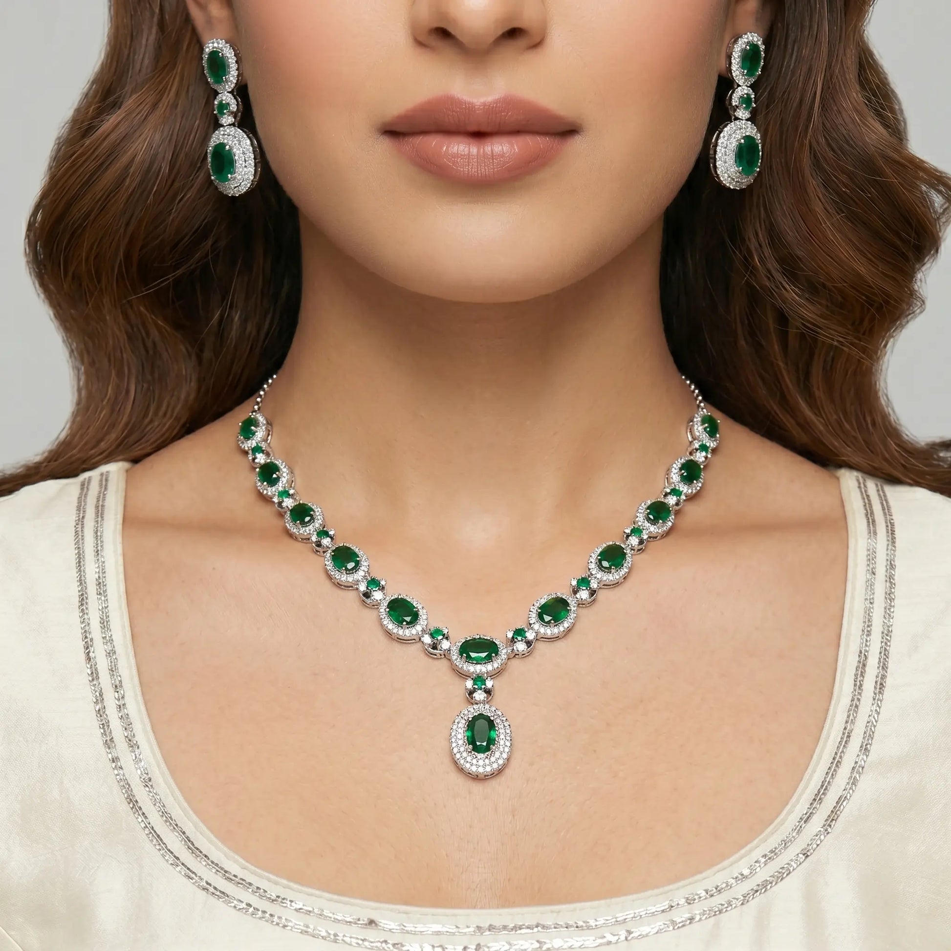 Emerald Halo Necklace Set