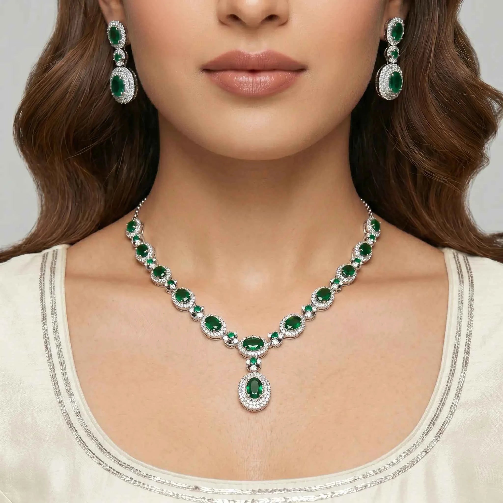 Emerald Halo Necklace Set