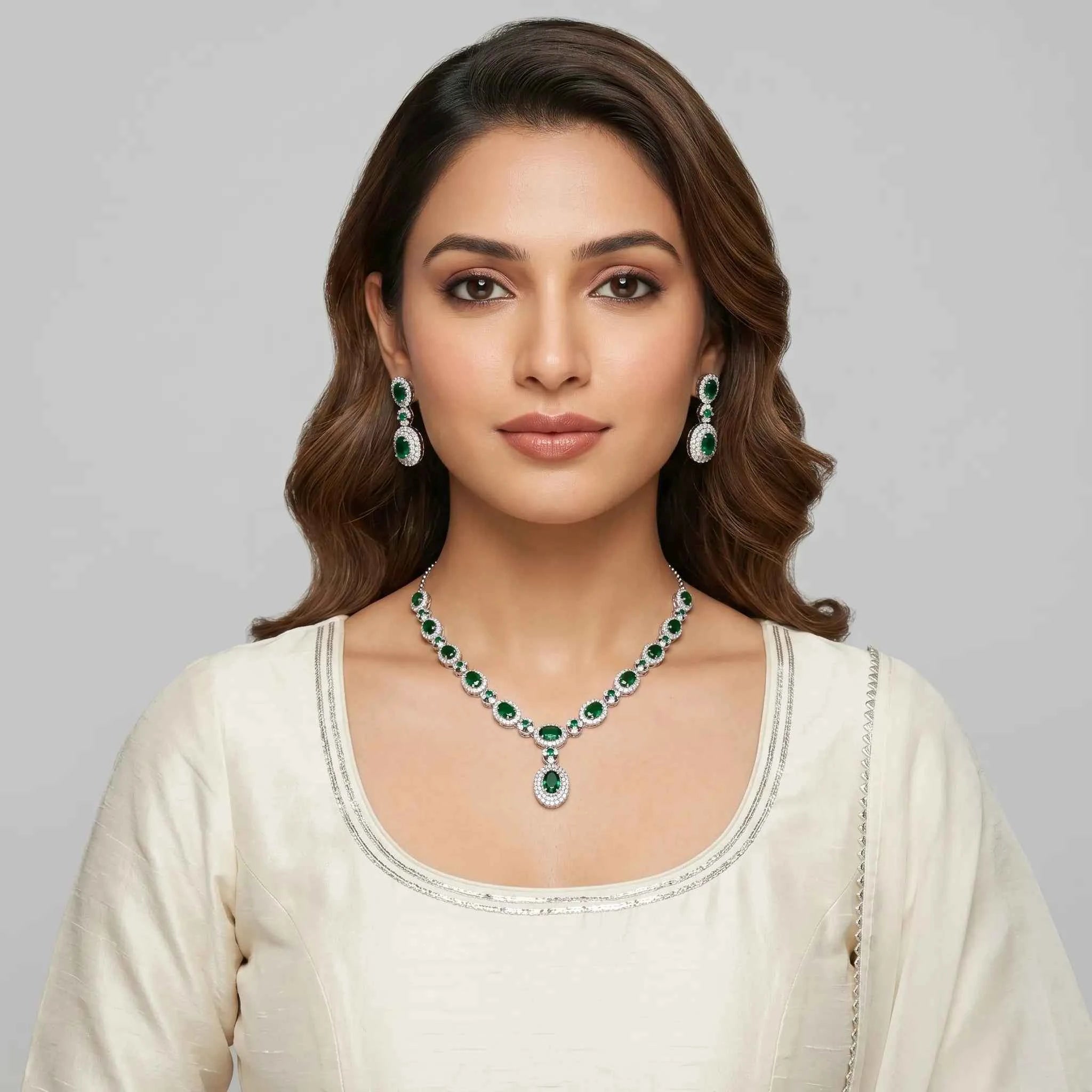Emerald Halo Necklace Set