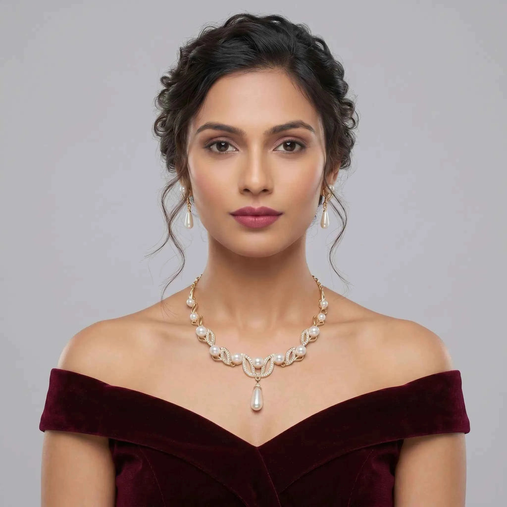 Pearl Leaf Drop Necklace Set