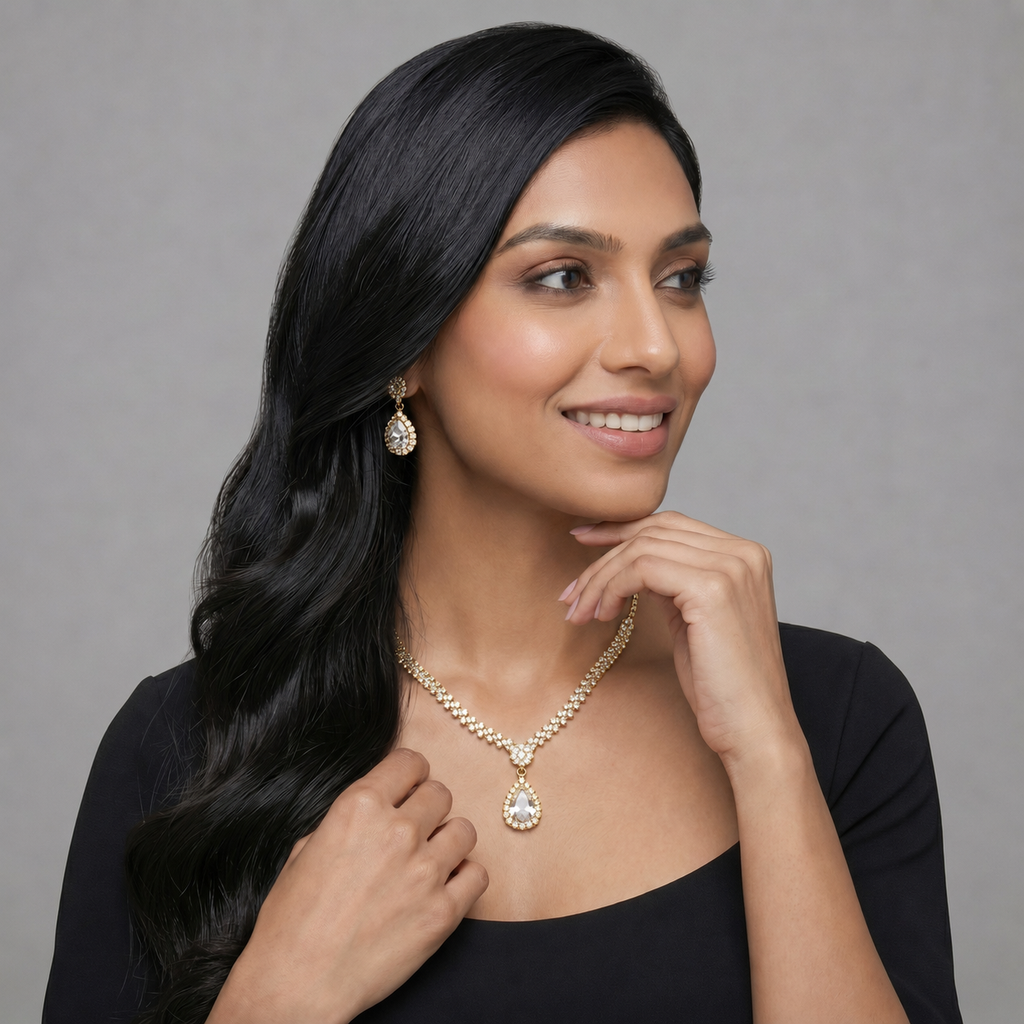 Golden Crystal Teardrop Necklace Set
