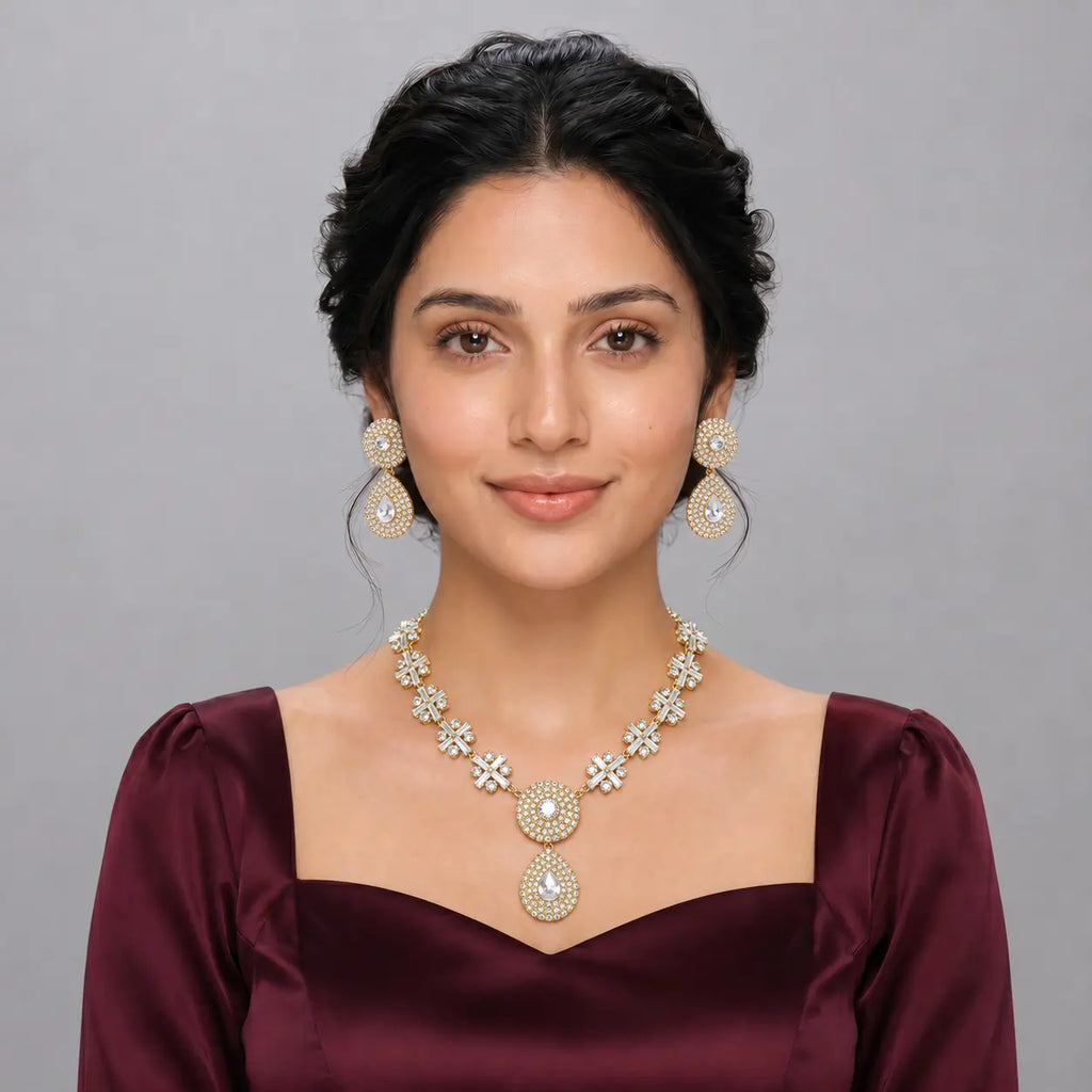 Golden Teardrop Crystal Necklace Set