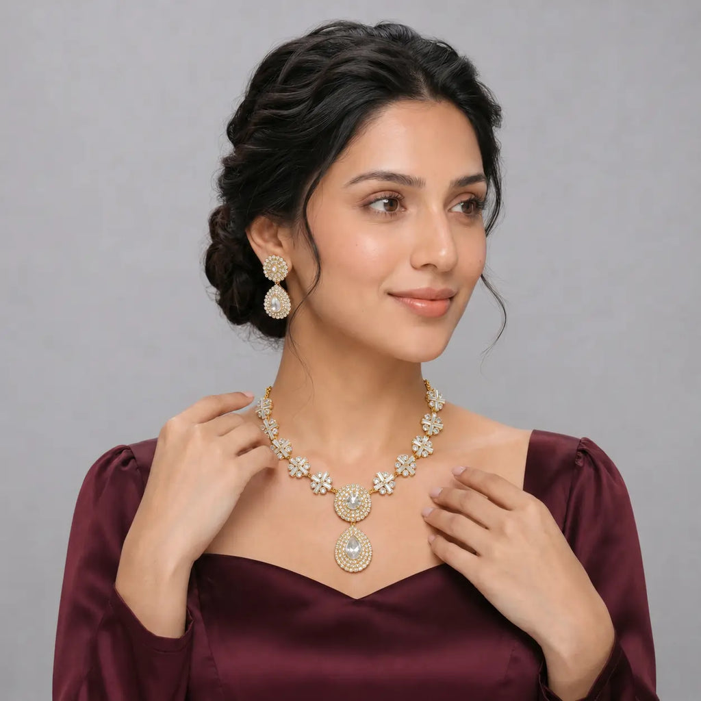 Golden Teardrop Crystal Necklace Set