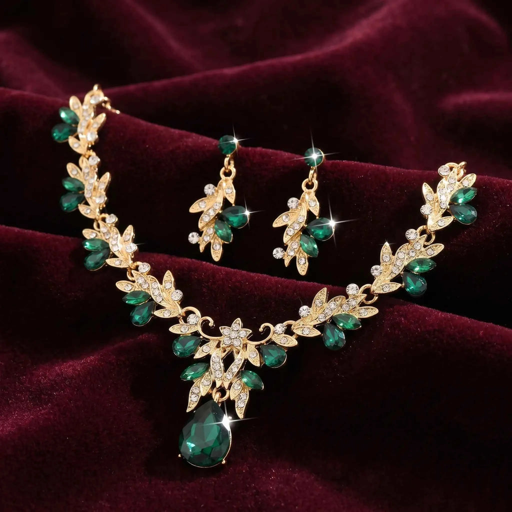 Emerald Leaf Drop Necklace Set