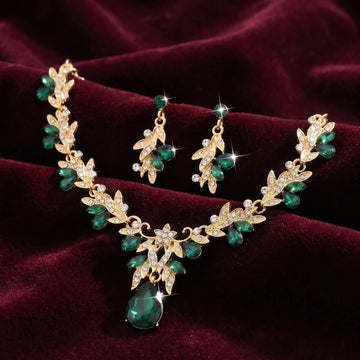 Emerald Leaf Drop Necklace Set