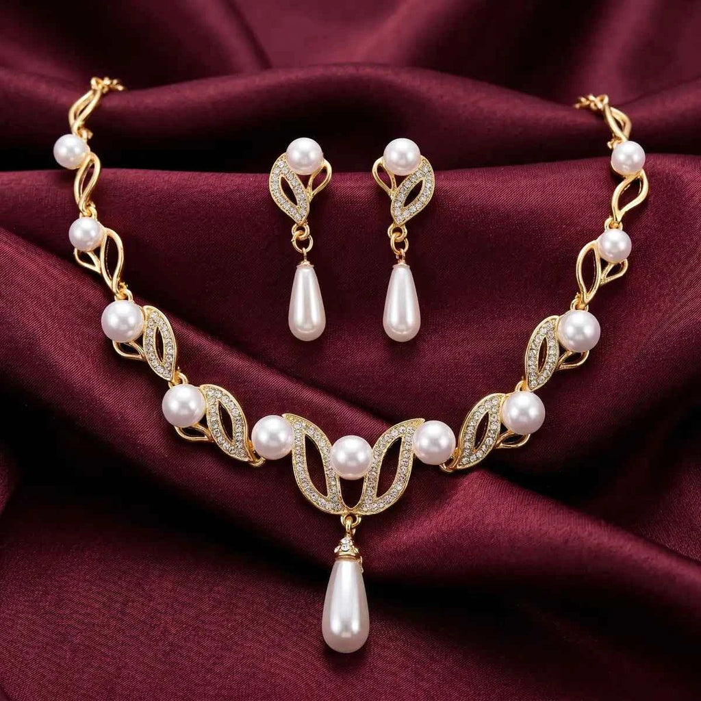 Pearl Leaf Drop Necklace Set
