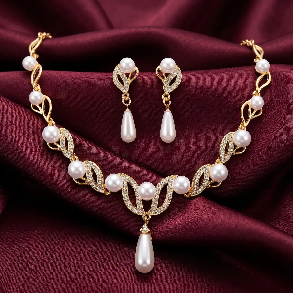 Pearl Leaf Drop Necklace Set