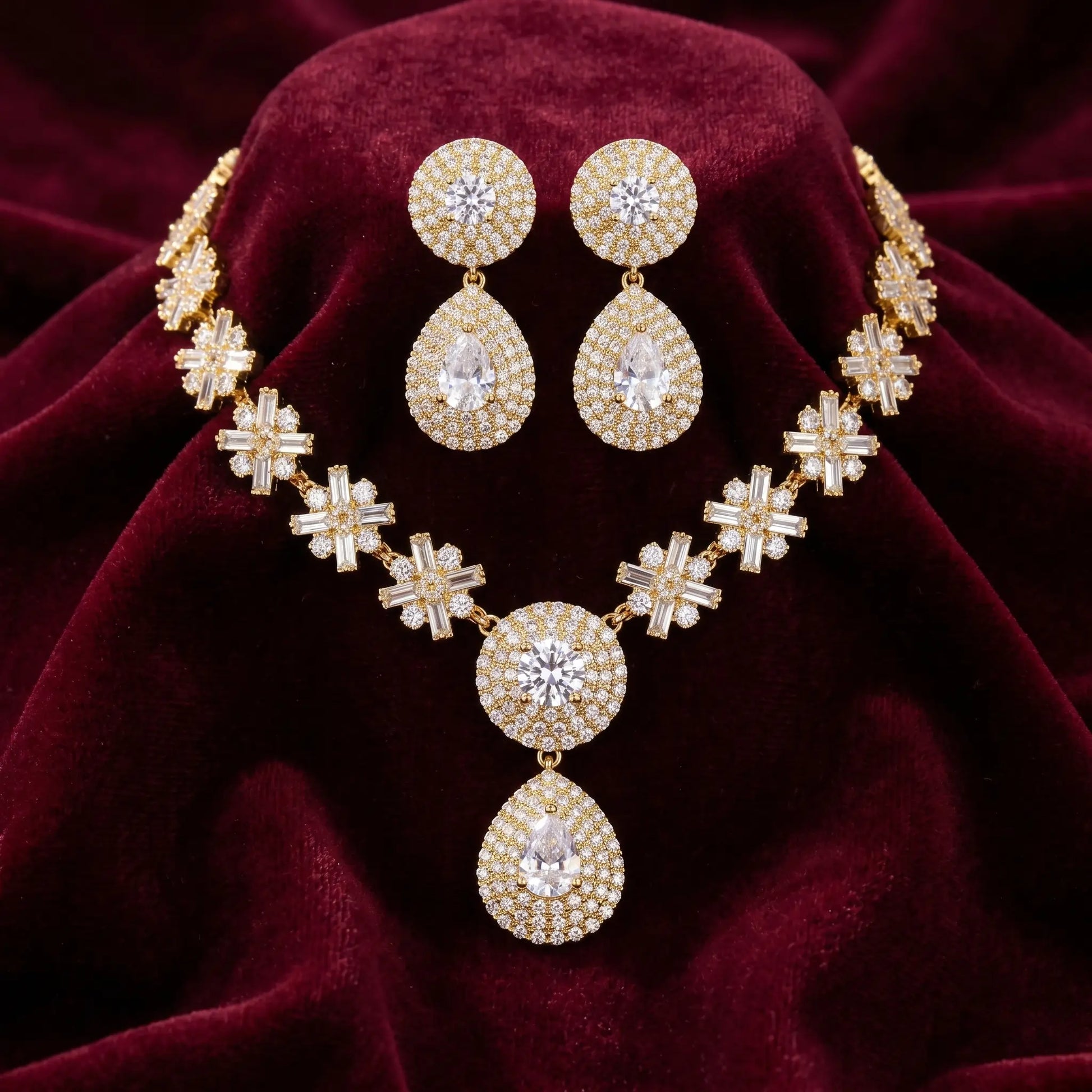 Golden Teardrop Crystal Necklace Set