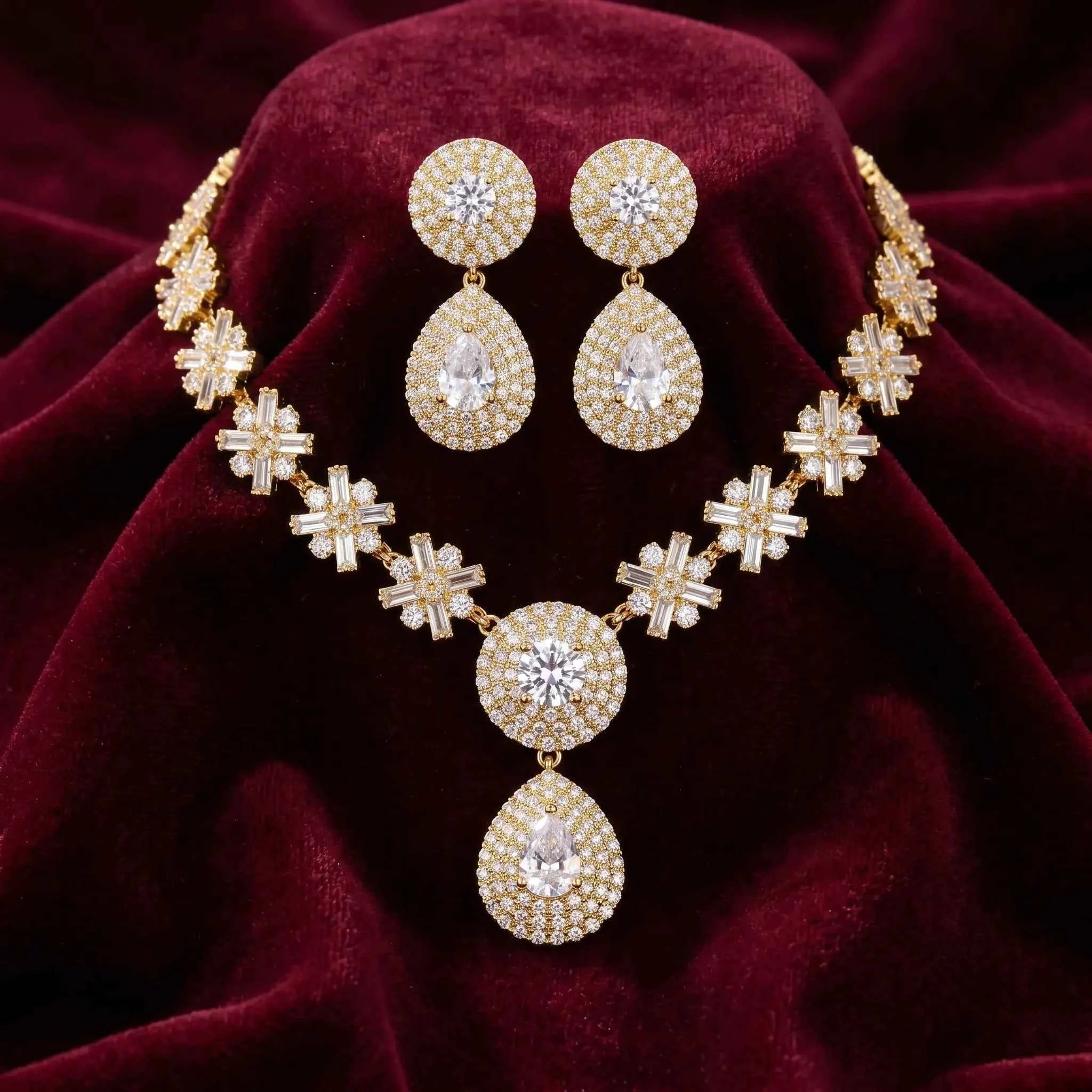 Golden Teardrop Crystal Necklace Set