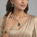 Emerald Teardrop Halo Jewellery Set