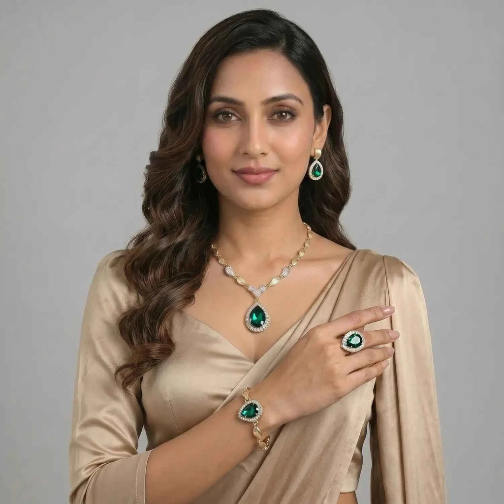 Emerald Teardrop Halo Jewellery Set