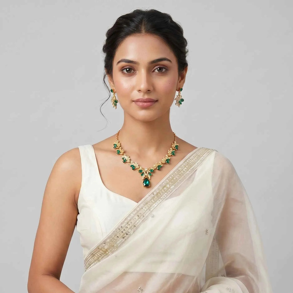 Emerald Leaf Drop Necklace Set