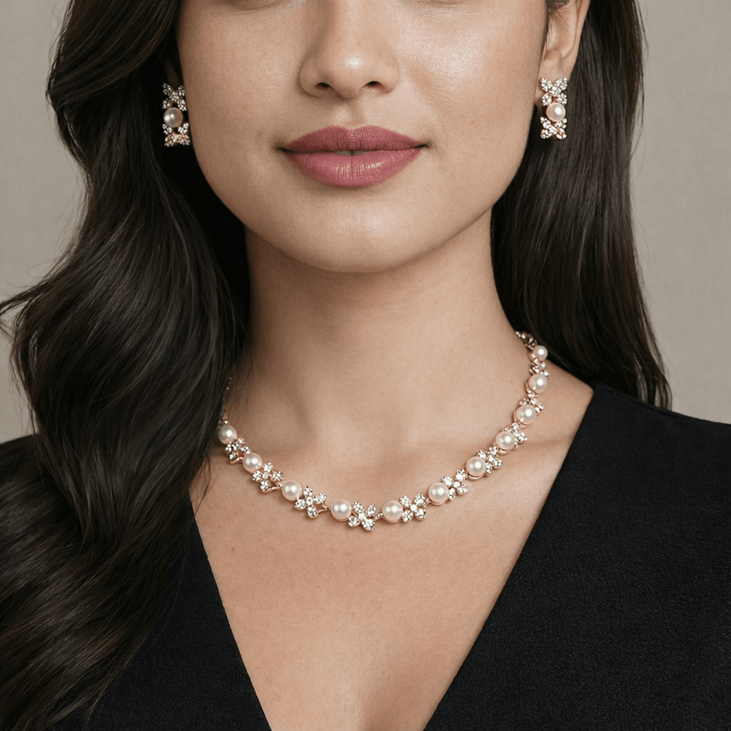 Pearl Crystal Floral Necklace Set