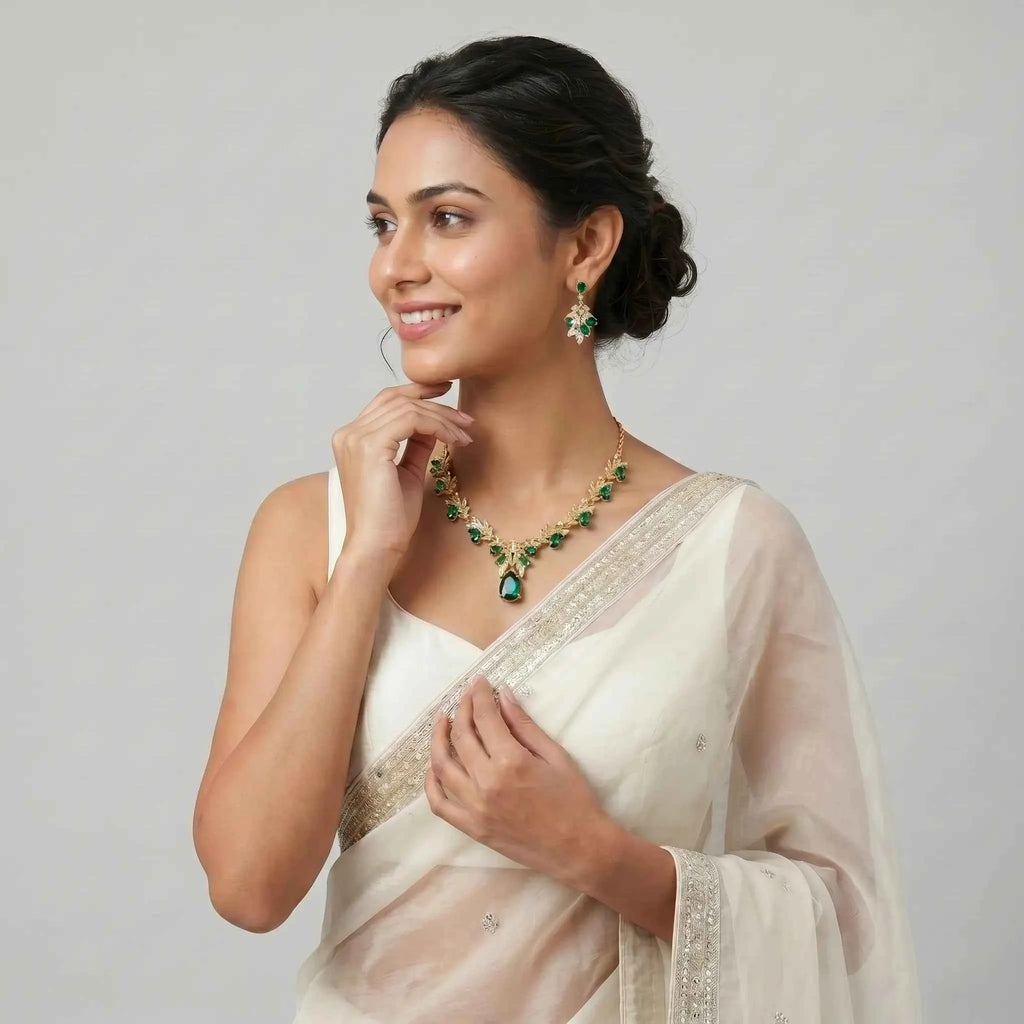 Emerald Leaf Drop Necklace Set